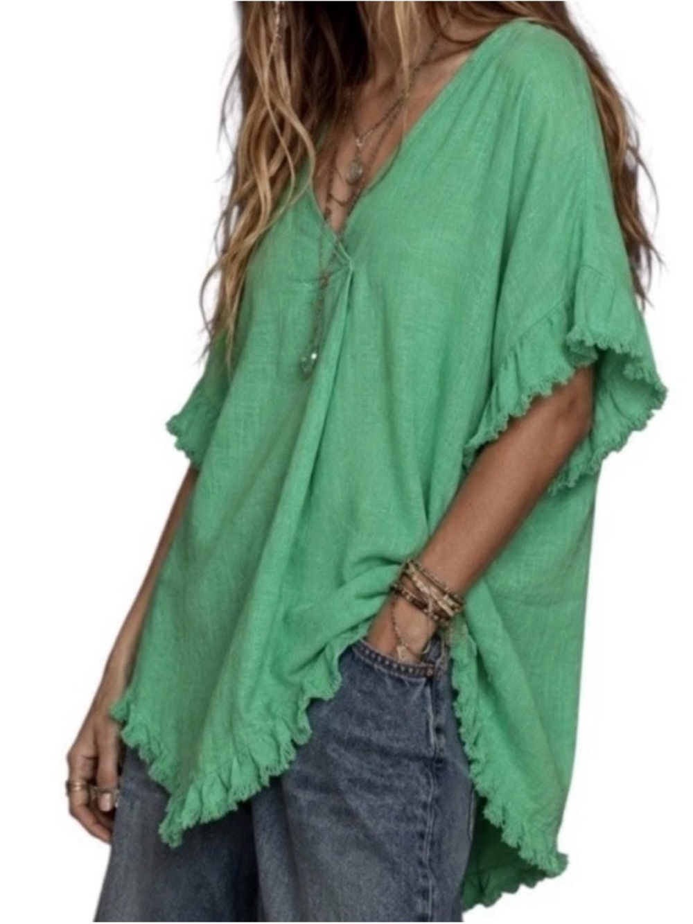 Umgee Lightweight Frayed V-Neck Tunic in Green